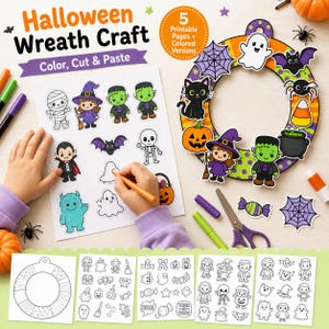 Może przedstawiać: Zestaw do tworzenia wieńca na Halloween zawierający strony do druku z postaciami do kolorowania oraz już pokolorowanymi, takimi jak duchy, czarownice i potwory. Zestaw zawiera okrągłą bazę wieńca, wycinanki, pisaki i nożyczki.