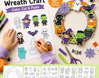 Halloween Wreath Craft for Kids, Printable Cut and Paste Activity, Halloween Coloring Pages, Preschool Classroom Craft