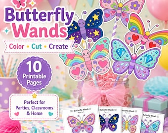 Butterfly Wand Craft Printable for Kids, Color Cut and Create Activity, Butterfly Party Craft, 10 Designs, Colored and Coloring Pages