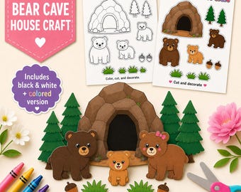 Bear Cave House Craft Printable, Woodland Bear Craft for Kids, Cut and Paste Animal Activity, A4 & US Letter PDF, Coloring Craft Template