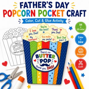 Créations imprimables pour la fête des pères avec pop-corn, cadeau de papa pour les enfants, activité Tout sur les papas, carte de fête des pères avec colle couleur découpée, lettre US A4 image 1