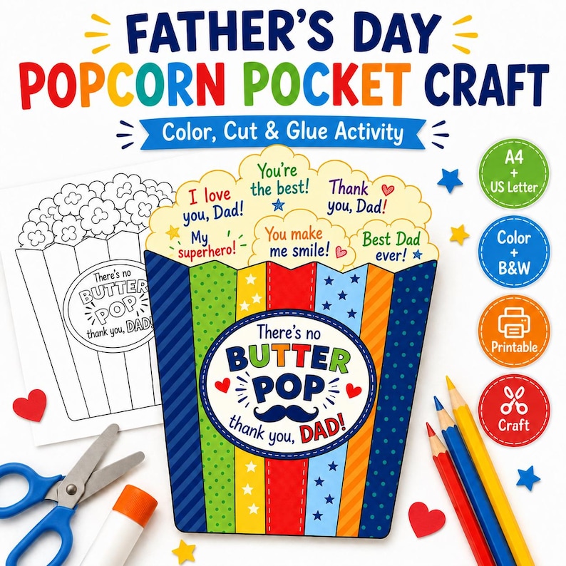 Créations imprimables pour la fête des pères avec pop-corn, cadeau de papa pour les enfants, activité Tout sur les papas, carte de fête des pères avec colle couleur découpée, lettre US A4 image 1
