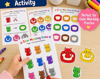 Color Matching Game for Toddlers, Printable Preschool Activity, Kitten Matching Game, Colors Learning Activity, Fine Motor Busy Book PDF