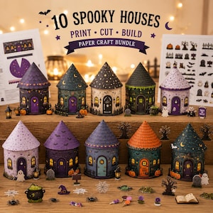 Puede incluir: Un paquete de manualidades en papel con 10 casas espeluznantes con diseños impresos en varios colores como morado, naranja, verde y negro. El set incluye hojas para imprimir, cortar y construir, junto con accesorios en miniatura como fantasmas, calabazas y lápidas.