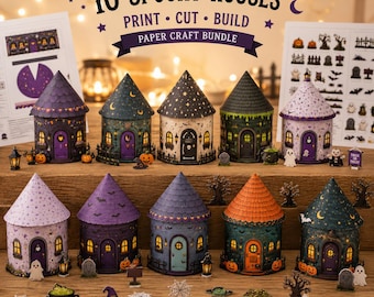 Halloween Paper House Bundle, 10 Printable 3D Haunted Houses, Kids Cut Fold Glue Craft, Spooky Village DIY Activity