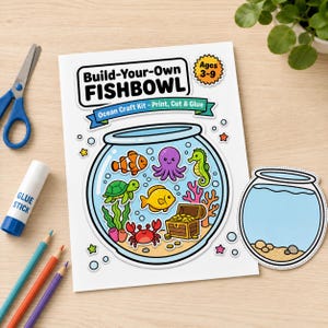 Könnte beinhalten: Ein Build-Your-Own FISHBOWL Bastelset mit gedruckten Illustrationen eines Fischglases, Clownfischs, Oktopus, Seepferdchens, einer Schildkröte, Krabbe und Schatztruhe. Das Set enthält eine separate Fischglasform zum Ausschneiden, Schere, Kleber und Stifte.