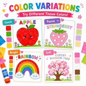 May include: A colorful educational craft kit with the text "COLOR VARIATIONS" and "Try Different Tissue Colors!". The kit includes illustrations of an apple, strawberry, rainbow, and cherry blossom tree, each with different color variations. A glue stick is also included.