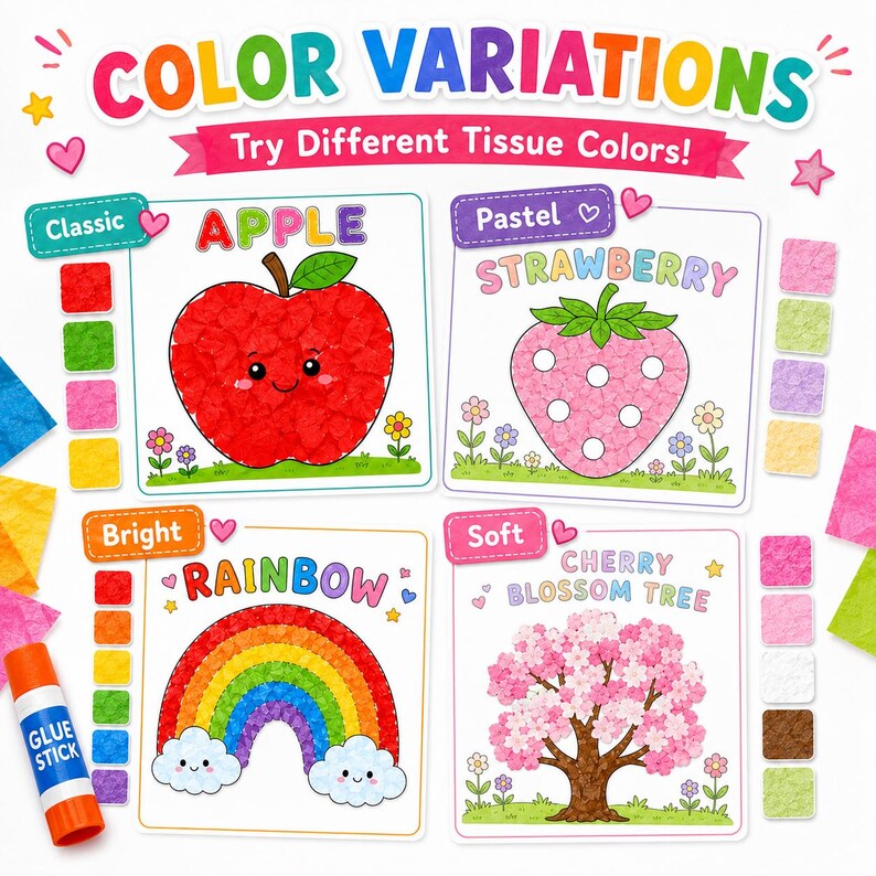 May include: A colorful educational craft kit with the text "COLOR VARIATIONS" and "Try Different Tissue Colors!". The kit includes illustrations of an apple, strawberry, rainbow, and cherry blossom tree, each with different color variations. A glue stick is also included.