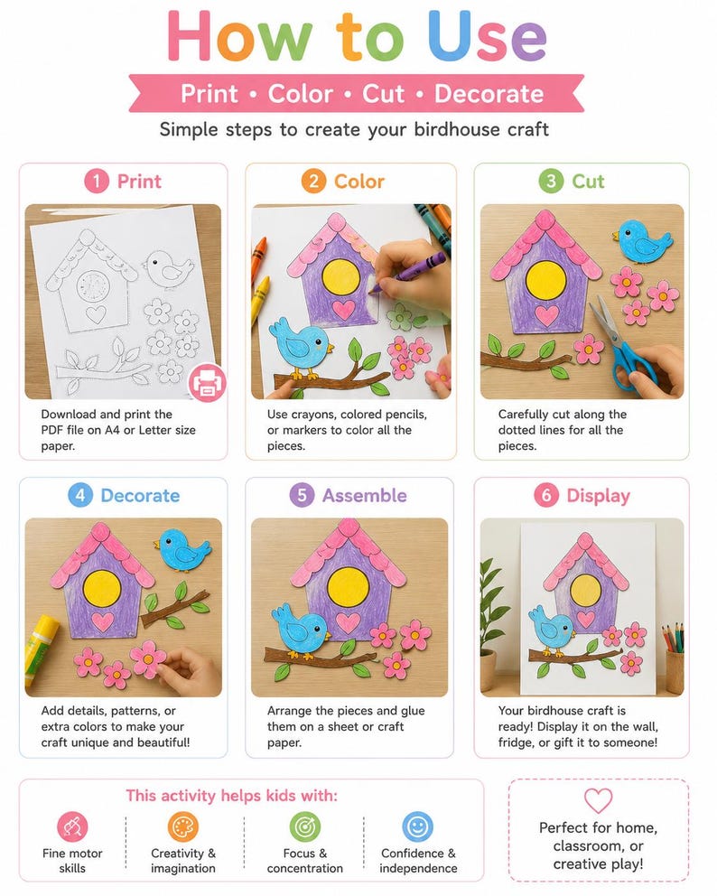 May include: A guide for a birdhouse craft with instructions to print, colour, cut, decorate, assemble, and display. The image shows a birdhouse, a blue bird, and flowers. The text says, "How to Use" and "Print, Color, Cut, Decorate."