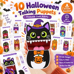 Marionetas parlantes de Halloween para imprimir, 10 plantillas de marionetas de mano de papel, manualidad para recortar y doblar para niños, actividad para fiestas escolares, PDF tamaño A4 (carta estadounidense)