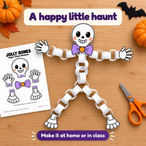 Könnte beinhalten: Ein Papierskelett aus Papierketten mit weißem Totenkopf, violetter Fliege, Gliedmaßen aus weißen Papierringen und einer Anleitung mit dem Titel JOLLY BONES Paper Chain Skeleton sowie einer Schere mit orangefarbenen Griffen.