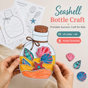 May include: A printable seashell bottle craft project featuring a paper bottle filled with colorful illustrated seashells, a starfish, and layers of sand. The design includes a cork stopper and a tied string. Text reads Seashell Bottle Craft.