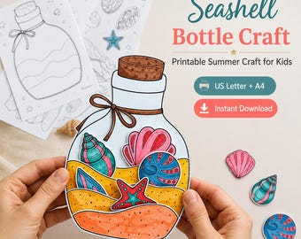 Seashell Bottle Craft Template, Printable Summer Ocean Craft kids, Cut and Paste Seashell Activity, Preschool Beach Craft, A4 US Letter PDF
