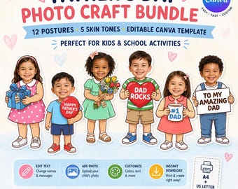 Modèle de créations manuelles pour enfants pour la fête des pères, créations photo modifiables sur toile, 12 cadeaux à imprimer, activité scolaire, créations artisanales pour la fête des pères pour la salle de classe, 5 tons de peau