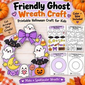 Puede incluir: Un kit de manualidades de Halloween imprimible Friendly Ghost Wreath Craft. El conjunto incluye una corona morada terminada decorada con fantasmas, murciélagos, calabazas y dulces, además de hojas imprimibles para decoraciones y bases de corona en color y blanco y negro.