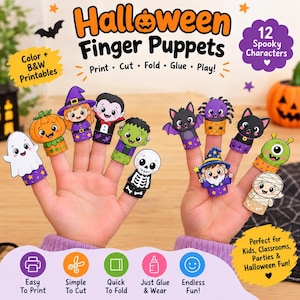 Könnte beinhalten: Ein Set aus 12 ausdruckbaren Halloween-Fingerpuppen mit bunten Zeichentrickfiguren, darunter ein Geist, ein Kürbis, eine Hexe, ein Vampir, ein Frankenstein-Monster, ein Skelett, eine Fledermaus, eine Spinne, eine Katze, ein Zauberer, ein Alien und eine Mumie.