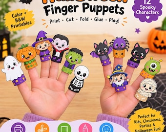 Halloween Finger Puppets Printable, 24 Spooky Kids Puppets, Color , B&W, Cut Fold Glue Craft, Preschool Halloween Activity