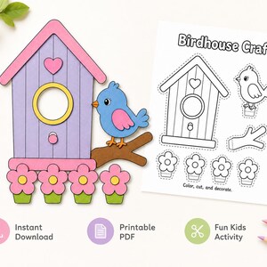 May include: A vibrant birdhouse craft featuring a blue bird on a branch. The birdhouse is purple with a pink roof and flower details. A black and white printable PDF with a birdhouse design is also included. The text says "Birdhouse Craft".