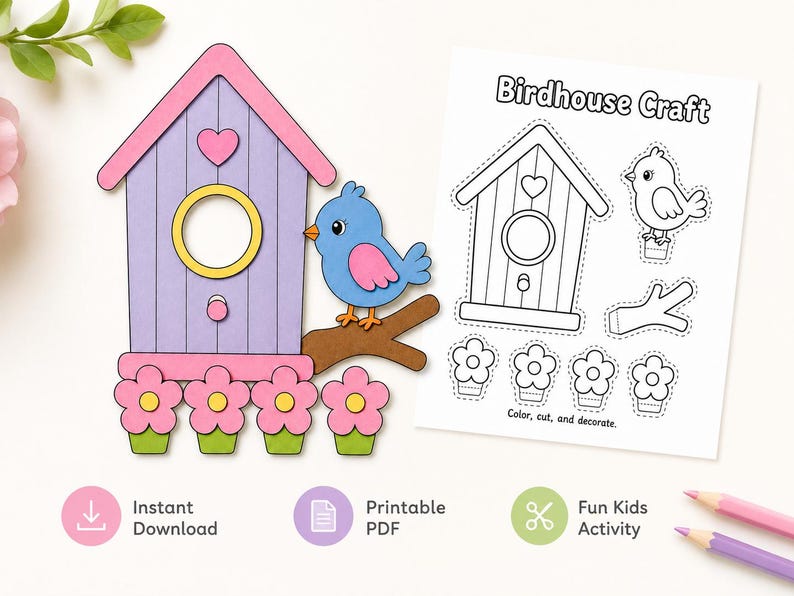May include: A vibrant birdhouse craft featuring a blue bird on a branch. The birdhouse is purple with a pink roof and flower details. A black and white printable PDF with a birdhouse design is also included. The text says "Birdhouse Craft".