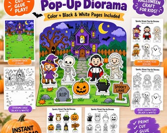 Halloween Pop Up Diorama Printable, Spooky Street Craft for Kids, Haunted House Cut and Glue Activity, Halloween Coloring PDF