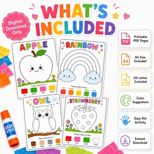 May include: A digital download featuring four coloring pages: an apple, a rainbow, an owl, and a strawberry. Each page includes color suggestions. The image also includes a glue stick and the text "WHAT'S INCLUDED".