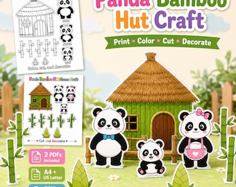 Panda Bamboo Hut Craft Printable, Panda House Cut and Paste Activity, Kids Coloring Craft, A4 US Letter PDF, Animal Habitat Craft