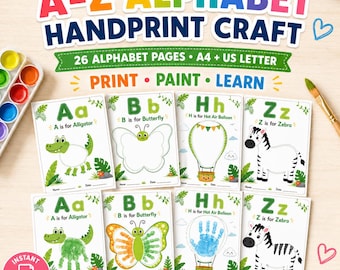 Alphabet Handprint Craft Printable, A-Z Hand Painting Activity for Kids, Preschool Letter Craft, ABC Handprint Art, A4 US Letter PDF
