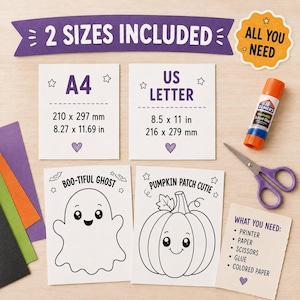 May include: A printable craft kit featuring two coloring pages with a ghost and a pumpkin, labeled 'BOO-TIFUL GHOST' and 'PUMPKIN PATCH CUTIE'. Includes size guides for A4 and US Letter paper, a glue stick, scissors, and a list of required supplies.