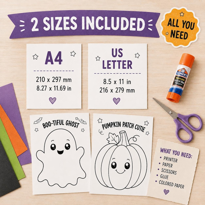May include: A printable craft kit featuring two coloring pages with a ghost and a pumpkin, labeled 'BOO-TIFUL GHOST' and 'PUMPKIN PATCH CUTIE'. Includes size guides for A4 and US Letter paper, a glue stick, scissors, and a list of required supplies.