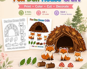 Fox Den House Craft afdrukbaar, bosdieren knip- en plakactiviteit, knutselwerk kinderen kleurplaten pdf, bosknutsels, A4 en US Letter
