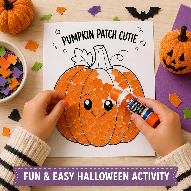 May include: A white paper sheet with the text PUMPKIN PATCH CUTIE and a large pumpkin outline being filled with small orange paper squares using a glue stick. The pumpkin has a smiling face with large black eyes and a curved mouth.