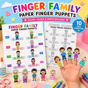 Pode incluir: Um conjunto de marionetas de dedo em papel Finger Family com folhas imprimíveis a cores e a preto e branco. As personagens incluem pai, mãe, irmão, irmã, avô, avó, rapaz, rapariga e bebé, com abas recortáveis para dedos pequenos e grandes.