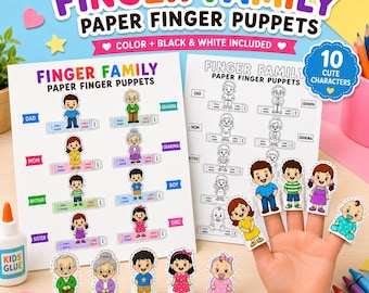 Finger Family Puppets Printable, Paper Finger Puppet Craft for Kids, Color and Black White Family Activity, Preschool Pretend Play