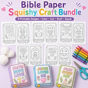 Może przedstawiać: Zestaw kreatywny Bible Paper Squishy zawierający pięć wzorów do druku z konturami książek, krzyży, serc i tekstów biblijnych. W zestawie białe wypełnienie bawełniane, zestaw kolorowych kredek oraz turkusowe nożyczki do wycinania.