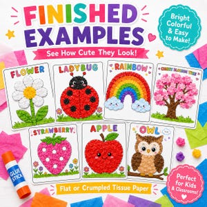 May include: A collection of colorful craft examples, including a flower, ladybug, rainbow, cherry blossom tree, strawberry, apple, and owl. The text reads "Finished Examples" and "See How Cute They Look!" with additional text: "Bright, Colorful & Easy to Make!" and "Perfect for Kids & Classrooms!"