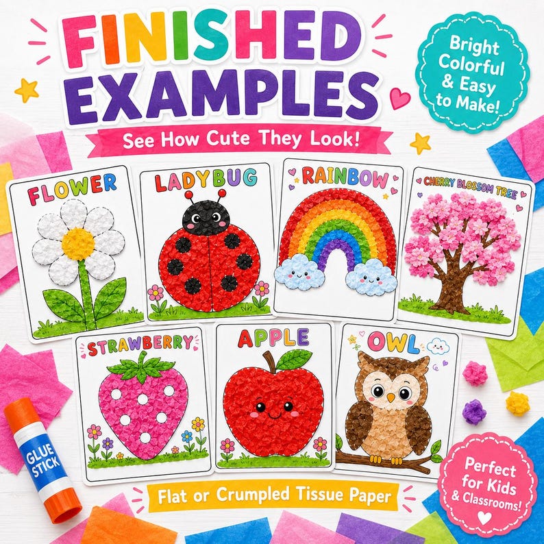 May include: A collection of colorful craft examples, including a flower, ladybug, rainbow, cherry blossom tree, strawberry, apple, and owl. The text reads "Finished Examples" and "See How Cute They Look!" with additional text: "Bright, Colorful & Easy to Make!" and "Perfect for Kids & Classrooms!"