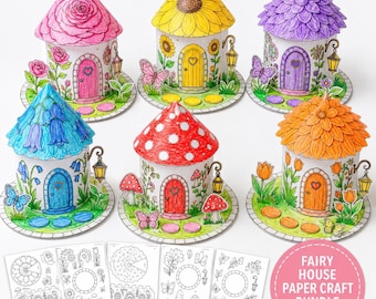 Fairy House Printable Craft for Kids, 3D Paper House Coloring Activity, Cut Fold Glue DIY Fairy Garden PDF