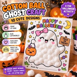 Op de afbeelding: Een printbaar knutselblad getiteld Cotton Ball Ghost Craft met een cartoongeest versierd met witte watjes, een roze strik met stippen en een oranje pompoenemmer, inclusief de teksten Happy Halloween en Trick or Treat.