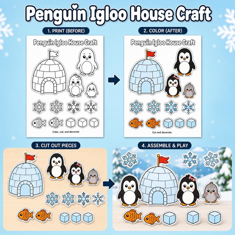 Penguin Igloo House Craft Printable, Winter Cut and Paste Activity for ...