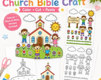 Bouw een kerk - Bijbelknutselwerkje om af te drukken, knip- en plakactiviteit voor de zondagsschool, christelijke kleurplaat voor kinderen, Psalm 122:1 - Vakantiebijbelschool