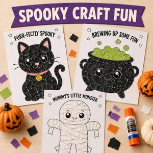 May include: Three Halloween craft activity sheets titled Spooky Craft Fun featuring a black cat with a pink collar, a bubbling green cauldron, and a mummy. Each character is filled with torn paper pieces. Includes a glue stick and small pumpkins.