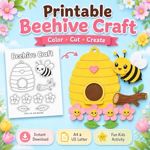 Pode incluir: Um kit de artesanato de colmeia imprimível com uma folha de modelo em preto e branco e uma colmeia amarela acabada, uma abelha listrada, um galho marrom e quatro flores rosas com rostos. O texto diz Printable Beehive Craft.