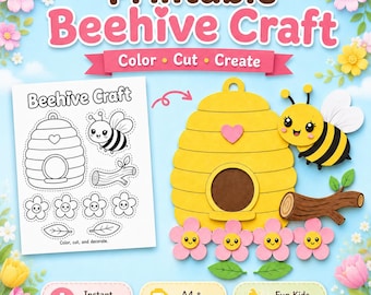 Beehive Craft Printable for Kids, Bee Craft Activity, Spring Cut and Paste Craft, Color Cut Create, Preschool Kindergarten PDF, A4 US Letter