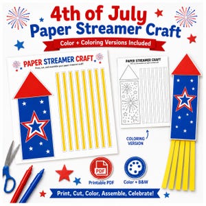 Kit para imprimir de artesanato com serpentina de papel para o 4 de julho | Atividade patriótica | PDF para o Dia da Independência | Desenhos para colorir