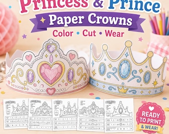 Princess & Prince Paper Crown Printable Craft, Royal Crown Coloring Pages, Kids Birthday Party Activity, Color Cut Wear Crown, A4 US Letter