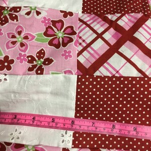 Hand Pieced Patched Red, Pink, and White Block Quilt Cotton Fabric Yardage image 2
