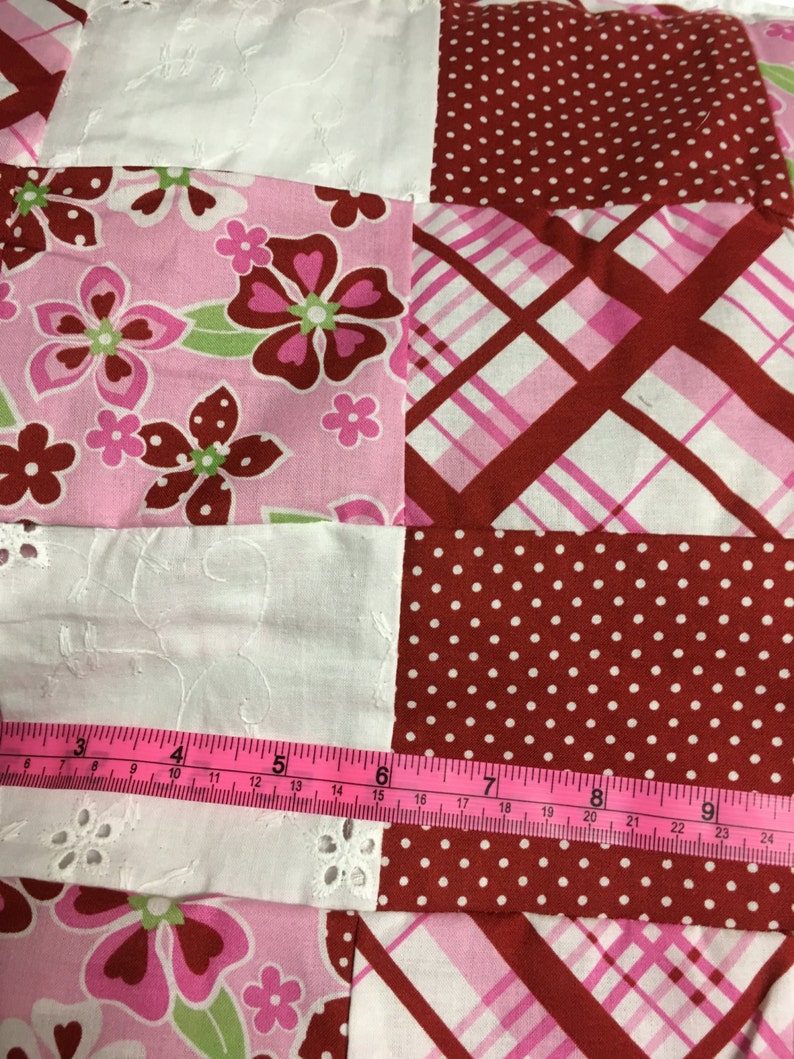 Hand Pieced Patched Red, Pink, and White Block Quilt Cotton Fabric Yardage image 2