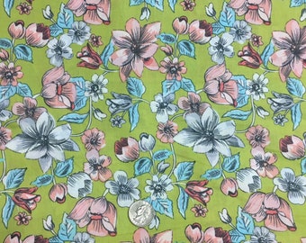 Floral Cotton Lawn Fabric – Pear Green, Peach Flowers, 54" Wide