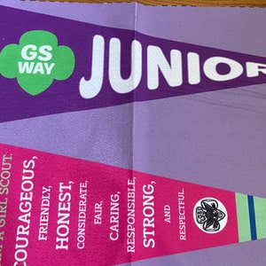 May include: A purple and green pennant with the text "GS WAY" and "JUNIOR". A pink pennant with the text "I am a Girl Scout. Courageous, Friendly, Honest, Considerate, Fair, Caring, Responsible, Strong, and Respectful."