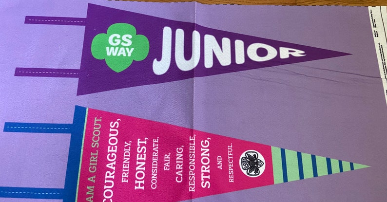 May include: A purple and green pennant with the text "GS WAY" and "JUNIOR". A pink pennant with the text "I am a Girl Scout. Courageous, Friendly, Honest, Considerate, Fair, Caring, Responsible, Strong, and Respectful."